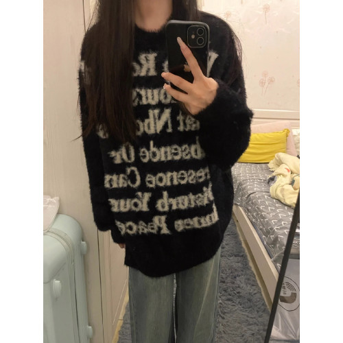 軟糯提花字母復古毛衣秋冬水貂毛黑色慵懶風圓領針織衫女寬松上衣 軟糯提花字母復古毛衣秋冬水貂毛黑色慵懶風圓領針織衫女寬松上衣