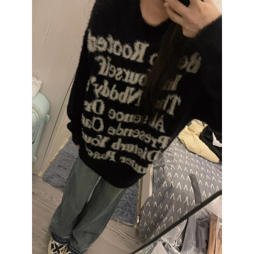 軟糯提花字母復古毛衣秋冬水貂毛黑色慵懶風圓領針織衫女寬松上衣 軟糯提花字母復古毛衣秋冬水貂毛黑色慵懶風圓領針織衫女寬松上衣