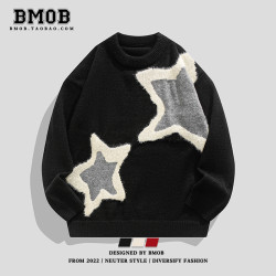 BMOB美式潮牌星星撞色提花針織衫寬鬆軟糯慵嬾風休閒痞帥男女毛衣
