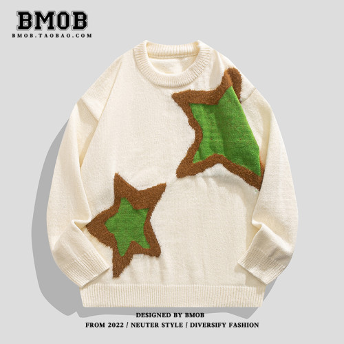 BMOB美式潮牌星星撞色提花針織衫寬鬆軟糯慵嬾風休閒痞帥男女毛衣
