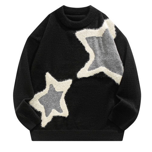 BMOB美式潮牌星星撞色提花針織衫寬鬆軟糯慵嬾風休閒痞帥男女毛衣