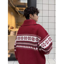 聖誕新年紅色毛衣男女秋冬季美式費爾島半拉鍊套頭提花針織衫外套