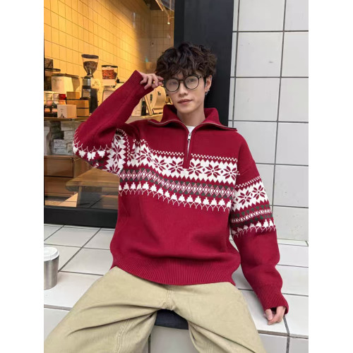 聖誕新年紅色毛衣男女秋冬季美式費爾島半拉鍊套頭提花針織衫外套