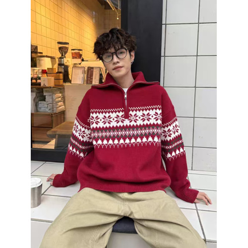 聖誕新年紅色毛衣男女秋冬季美式費爾島半拉鍊套頭提花針織衫外套