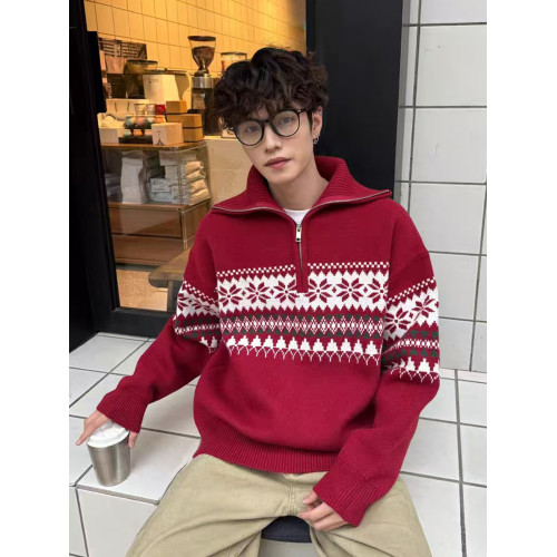 聖誕新年紅色毛衣男女秋冬季美式費爾島半拉鍊套頭提花針織衫外套