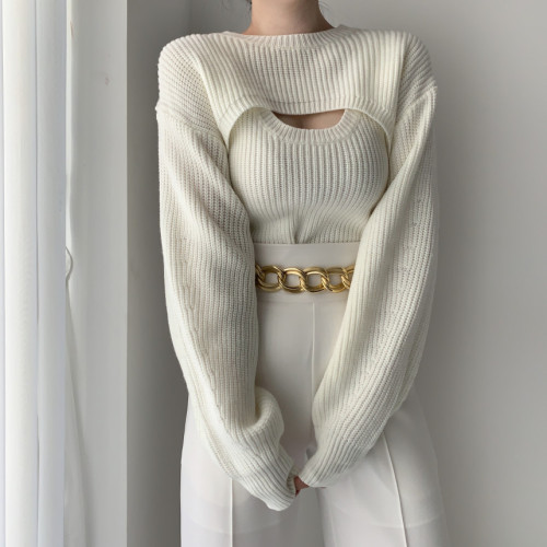 大碼女裝秋裝胖妹妹氣質顯瘦針織衫背心+外穿短款毛衣罩衫兩件套 大碼女裝秋裝胖妹妹氣質顯瘦針織衫背心+外穿短款毛衣罩衫兩件套