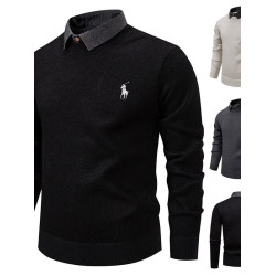 秋冬新款假兩件加絨針織衫男時尚休閒修身繙領套頭刺綉學生毛線衣