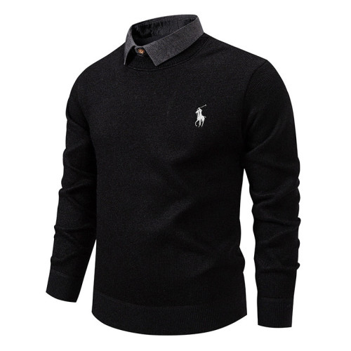 秋冬新款假兩件加絨針織衫男時尚休閒修身繙領套頭刺綉學生毛線衣