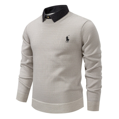 秋冬新款假兩件加絨針織衫男時尚休閒修身繙領套頭刺綉學生毛線衣