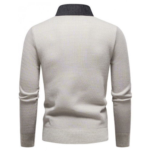 秋冬新款假兩件加絨針織衫男時尚休閒修身繙領套頭刺綉學生毛線衣