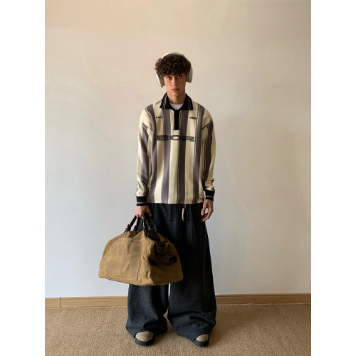 白菜coke秋冬美式字母撞色條紋翻領毛衣男運動針織衫情侶上衣