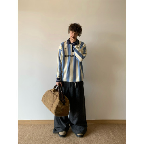 白菜coke秋冬美式字母撞色條紋翻領毛衣男運動針織衫情侶上衣