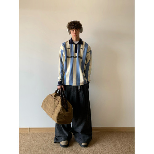 白菜coke秋冬美式字母撞色條紋翻領毛衣男運動針織衫情侶上衣