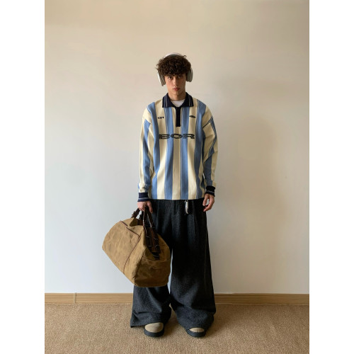 白菜coke秋冬美式字母撞色條紋翻領毛衣男運動針織衫情侶上衣