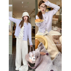 曾小鹹 早秋穿搭韓系紫色毛衣外套女秋季外穿小個子針織開衫上衣