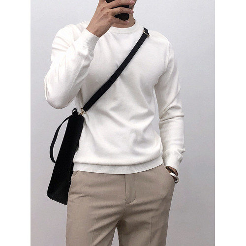 春秋純色薄款圓領打底針織衫男韓版修身套頭毛衣內搭線衫男士上衣