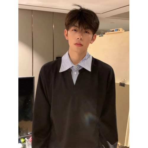 美式灰色假兩件復古潮牌POLO衫男款春秋季小衆拼接條紋內搭長袖