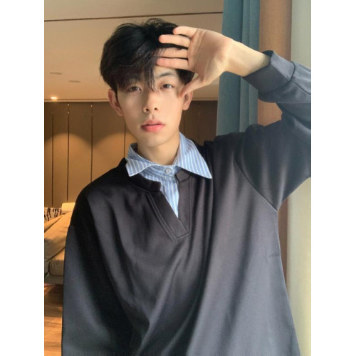 美式灰色假兩件復古潮牌POLO衫男款春秋季小衆拼接條紋內搭長袖