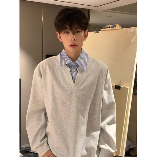 美式灰色假兩件復古潮牌POLO衫男款春秋季小衆拼接條紋內搭長袖