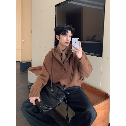 Hualun秋冬季超好看連帽毛衣男士半開衫針織衫男潮牌情侶套頭上衣