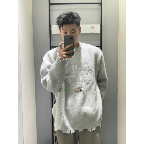 美式復古刺綉破壞設計毛衣男女秋冬潮牌小衆慵嬾風寬鬆軟糯針織衫