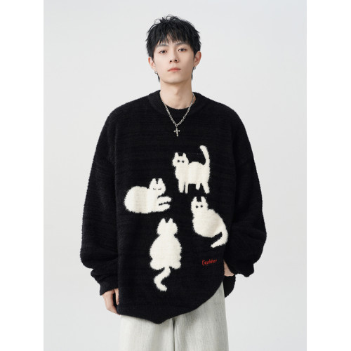 重磅馬海毛毛衣男秋冬潮牌美式寬鬆休閒針織衫百搭慵嬾風情侶上衣