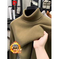 皮爾卡丹羊毛衫可繙高領毛衣男士加絨加厚冬季保暖中年針織打底衫