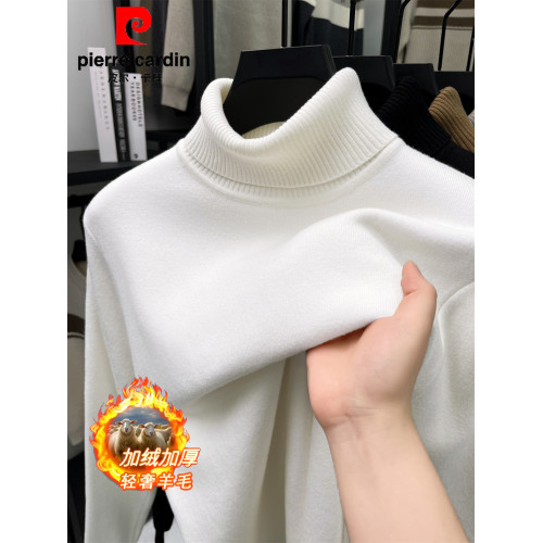 皮爾卡丹羊毛衫可繙高領毛衣男士加絨加厚冬季保暖中年針織打底衫