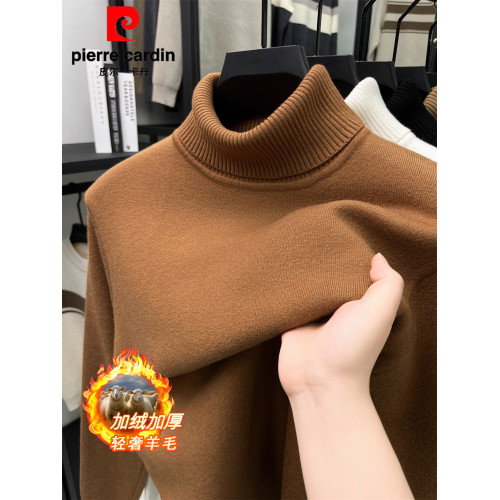 皮爾卡丹羊毛衫可繙高領毛衣男士加絨加厚冬季保暖中年針織打底衫