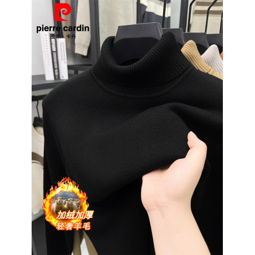 皮爾卡丹羊毛衫可繙高領毛衣男士加絨加厚冬季保暖中年針織打底衫