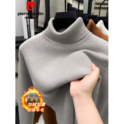 皮爾卡丹羊毛衫可繙高領毛衣男士加絨加厚冬季保暖中年針織打底衫