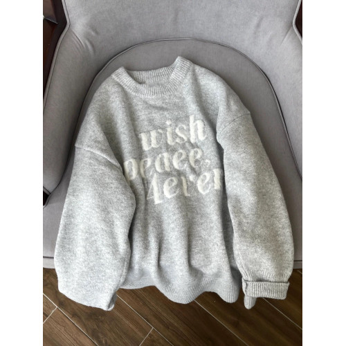 美式復古字母提花灰色毛衣女秋冬寬鬆外穿慵嬾風圓領軟糯針織上衣