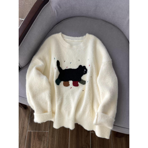 聖誕立體小貓刺綉毛衣2024秋冬季新款女裝短款針織衫寬鬆長袖上衣