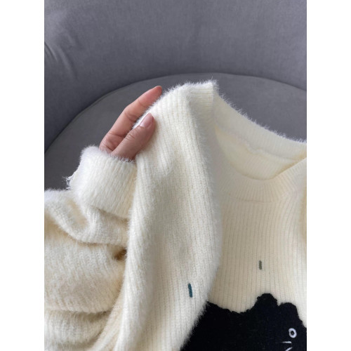 聖誕立體小貓刺綉毛衣2024秋冬季新款女裝短款針織衫寬鬆長袖上衣