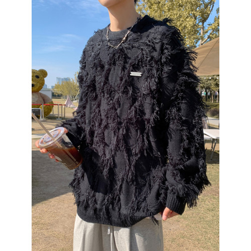 高街潮牌勾花毛衣慵嬾高級感男士秋冬季加厚炸街設計感情侶針織衫