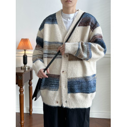 秋冬季拼色開衫毛衣美式復古情侶男針織衫潮牌ins寬松慵懶風外套