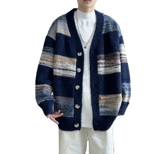 秋冬季拼色開衫毛衣美式復古情侶男針織衫潮牌ins寬松慵懶風外套