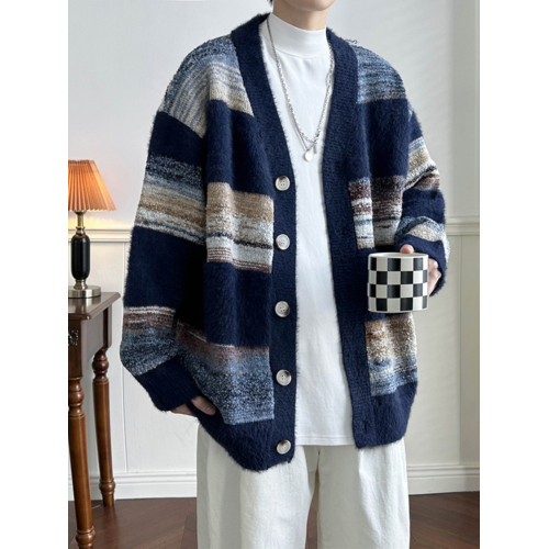 秋冬季拼色開衫毛衣美式復古情侶男針織衫潮牌ins寬松慵懶風外套