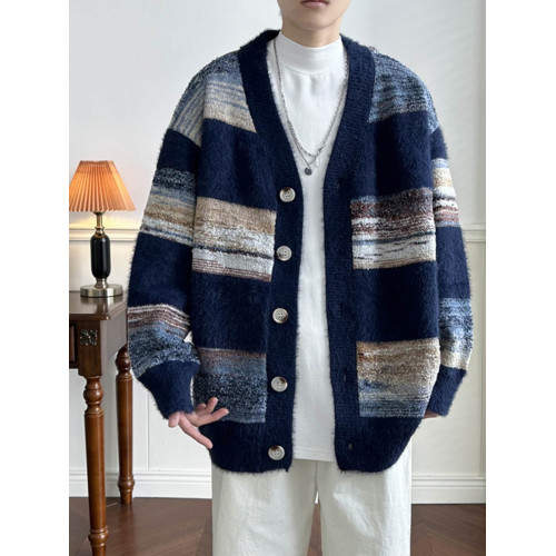 秋冬季拼色開衫毛衣美式復古情侶男針織衫潮牌ins寬松慵懶風外套