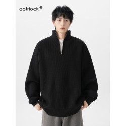 半拉鍊高領毛衣男女秋冬新款潮牌慵懶風針織衫高級感純色情侶外套