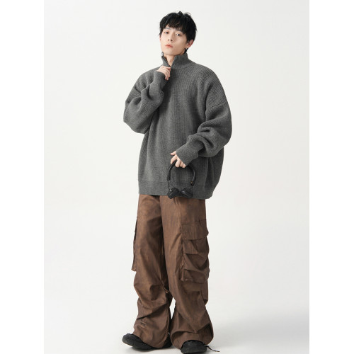 半拉鍊高領毛衣男女秋冬新款潮牌慵懶風針織衫高級感純色情侶外套