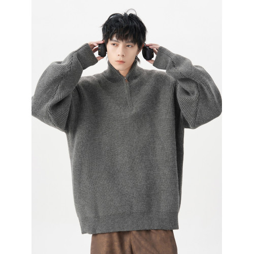 半拉鍊高領毛衣男女秋冬新款潮牌慵懶風針織衫高級感純色情侶外套