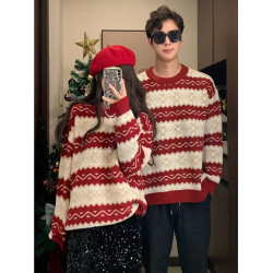 情侶裝秋冬新款費爾島復古提花紅色毛衣針織衫新年聖誕加厚毛線衣