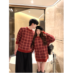 情侶裝秋冬新款千鳥格復古提花紅色毛衣針織衫新年聖誕加厚毛線衣