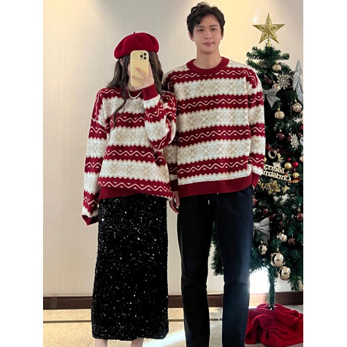 情侶裝秋冬新款費爾島復古提花紅色毛衣針織衫新年聖誕加厚毛線衣