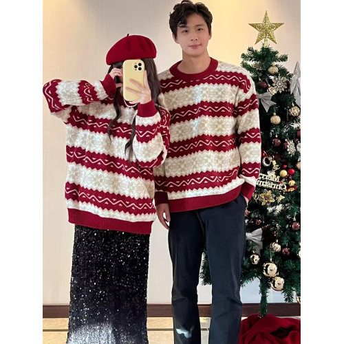 情侶裝秋冬新款費爾島復古提花紅色毛衣針織衫新年聖誕加厚毛線衣