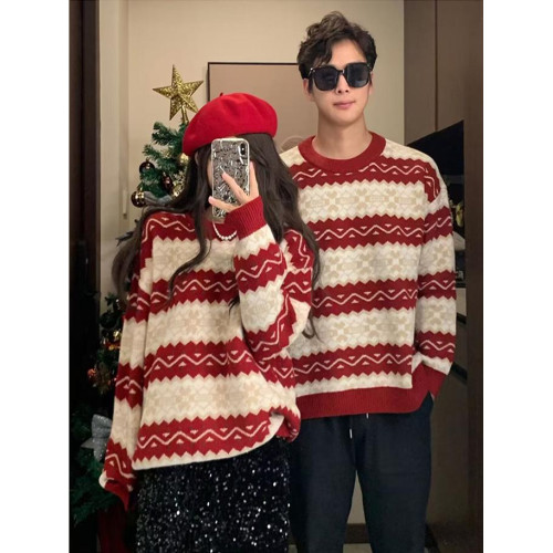 情侶裝秋冬新款費爾島復古提花紅色毛衣針織衫新年聖誕加厚毛線衣
