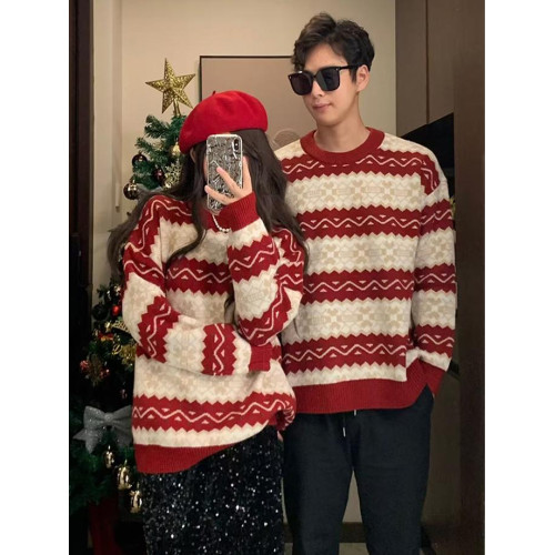 情侶裝秋冬新款費爾島復古提花紅色毛衣針織衫新年聖誕加厚毛線衣