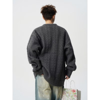 深灰色麻花毛衣男冬季潮牌oversize情侶針織衫美式高街慵懶風線衣