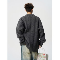 深灰色麻花毛衣男冬季潮牌oversize情侶針織衫美式高街慵懶風線衣